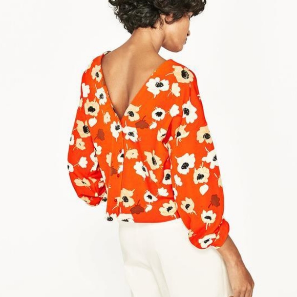 Zara Button Back Plunge Boat Neckline 3/4 Sleeve Floral Top | Red Orange; sz M - Picture 1 of 14